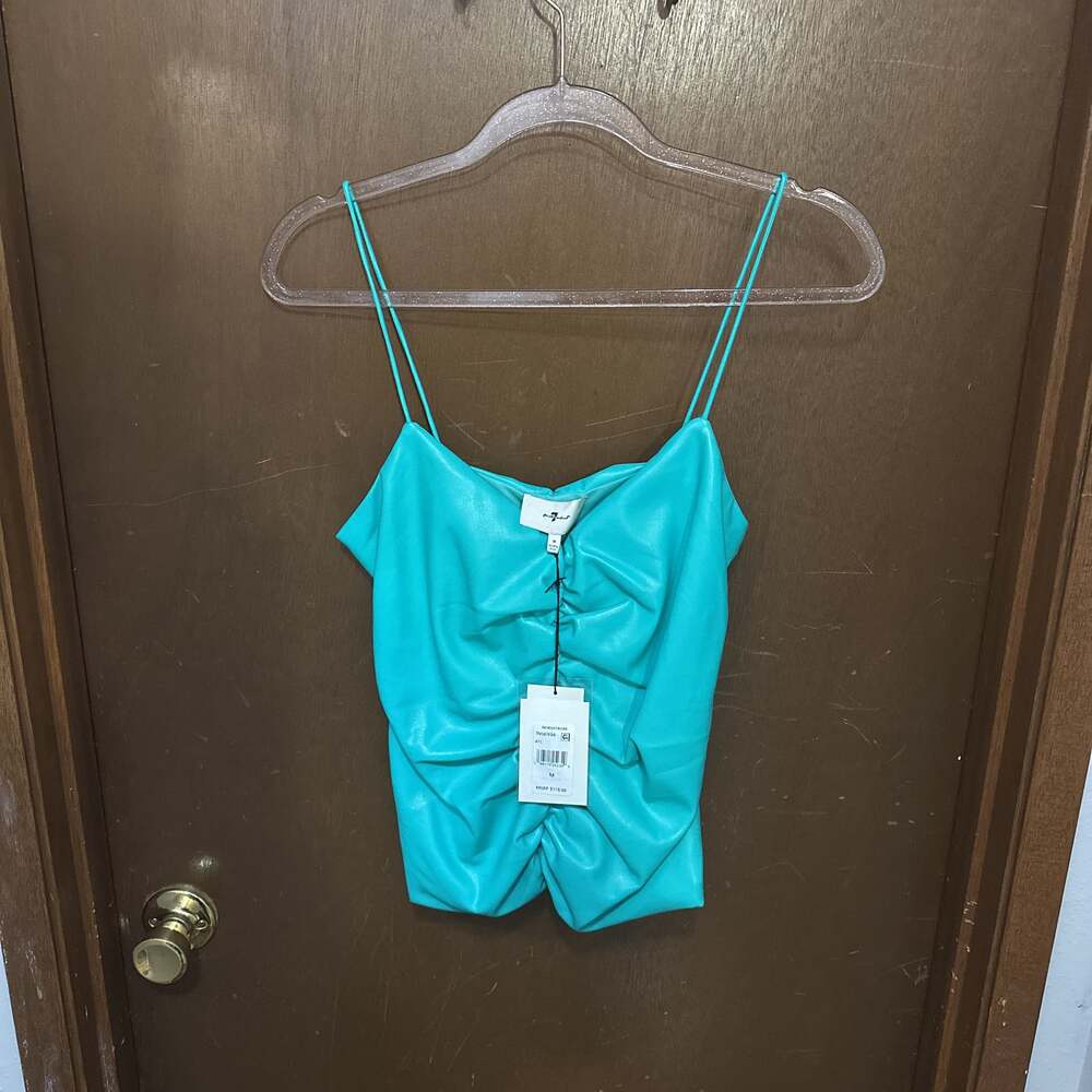 Nwt 7 for all mankind Rushed Faux Leather Strappy Cami Top in Atlantis sz M Orig